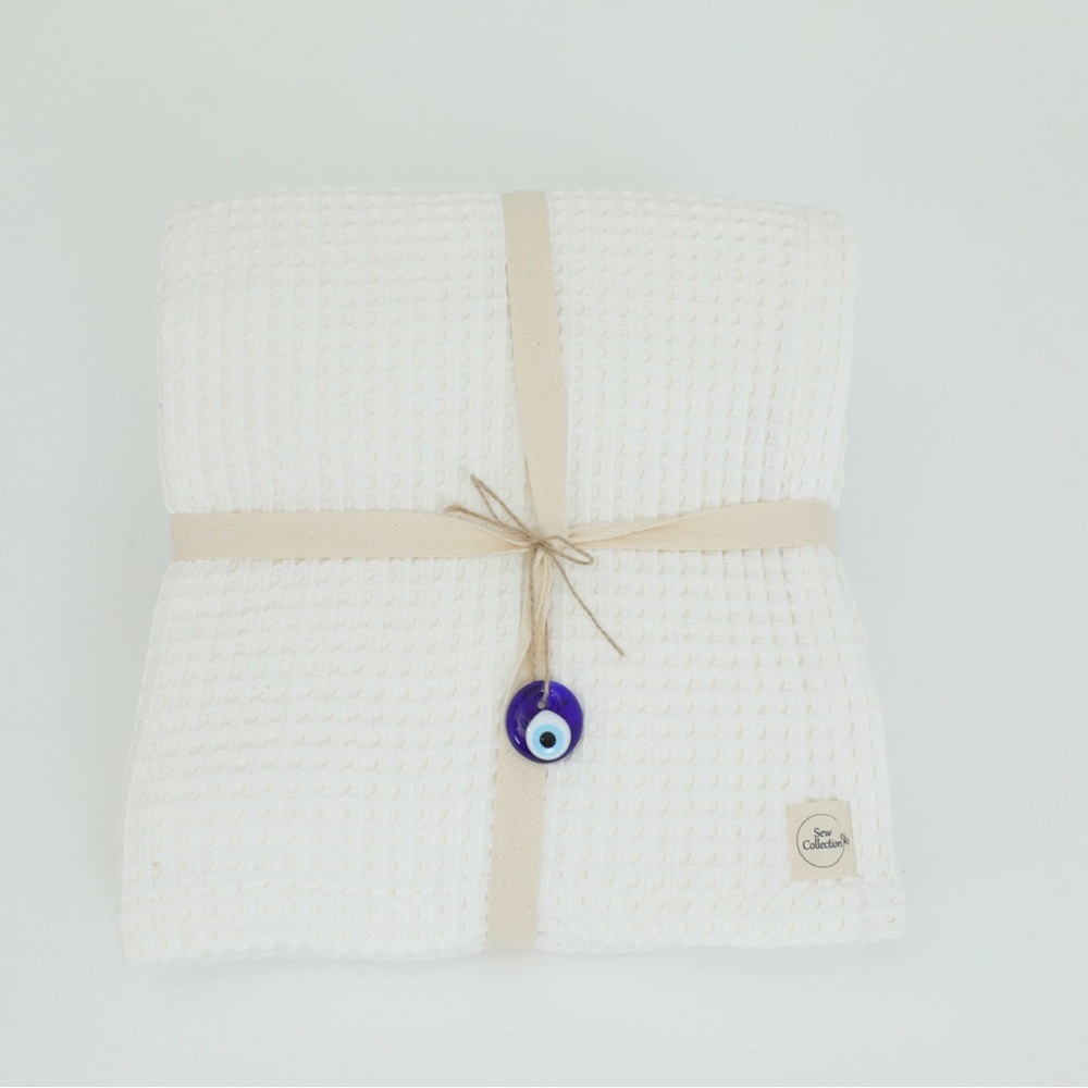 White Waffle Blanket with Evil Eye Charm